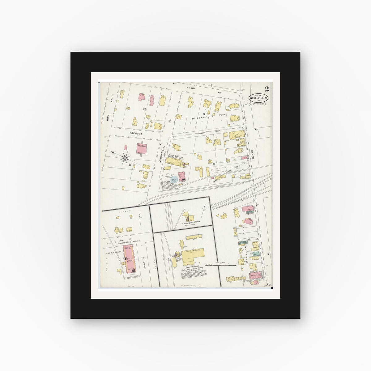 Old map wall art mockup — black gallery frame with white mat — Sanborn Fire Insurance Map from West Chicago, Du Page County, Illinois (1898), Sheet #0002