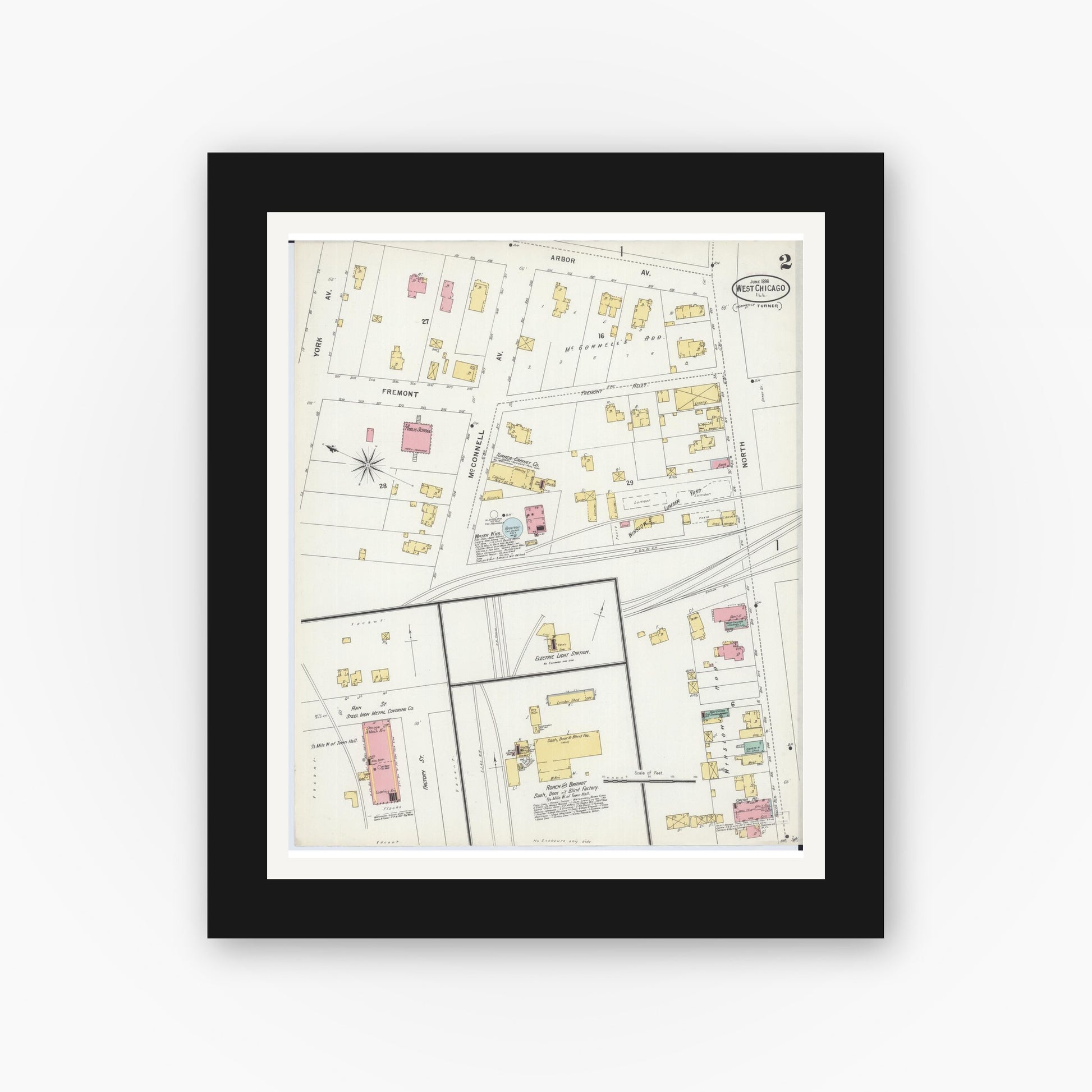 Old map wall art mockup — black gallery frame with white mat — Sanborn Fire Insurance Map from West Chicago, Du Page County, Illinois (1898), Sheet #0002