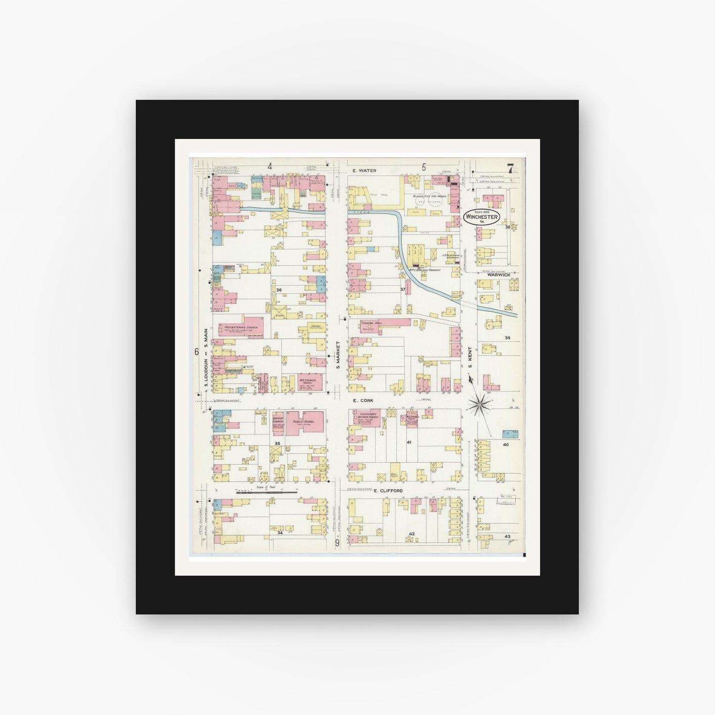 Old map wall art mockup — black gallery frame with white mat — Sanborn Fire Insurance Map from Winchester, Independent Cities, Virginia (1908), Sheet #0007