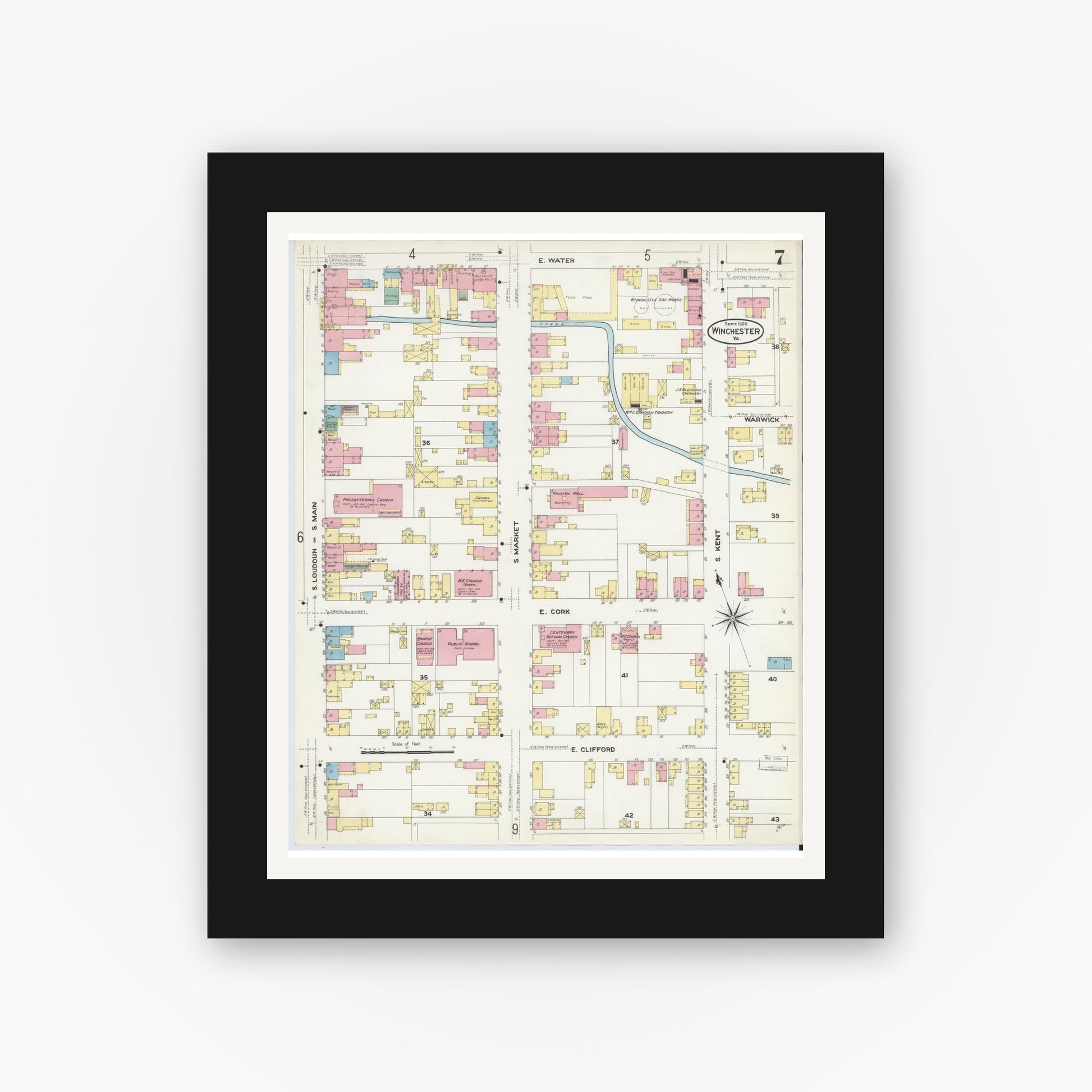 Old map wall art mockup — black gallery frame with white mat — Sanborn Fire Insurance Map from Winchester, Independent Cities, Virginia (1908), Sheet #0007