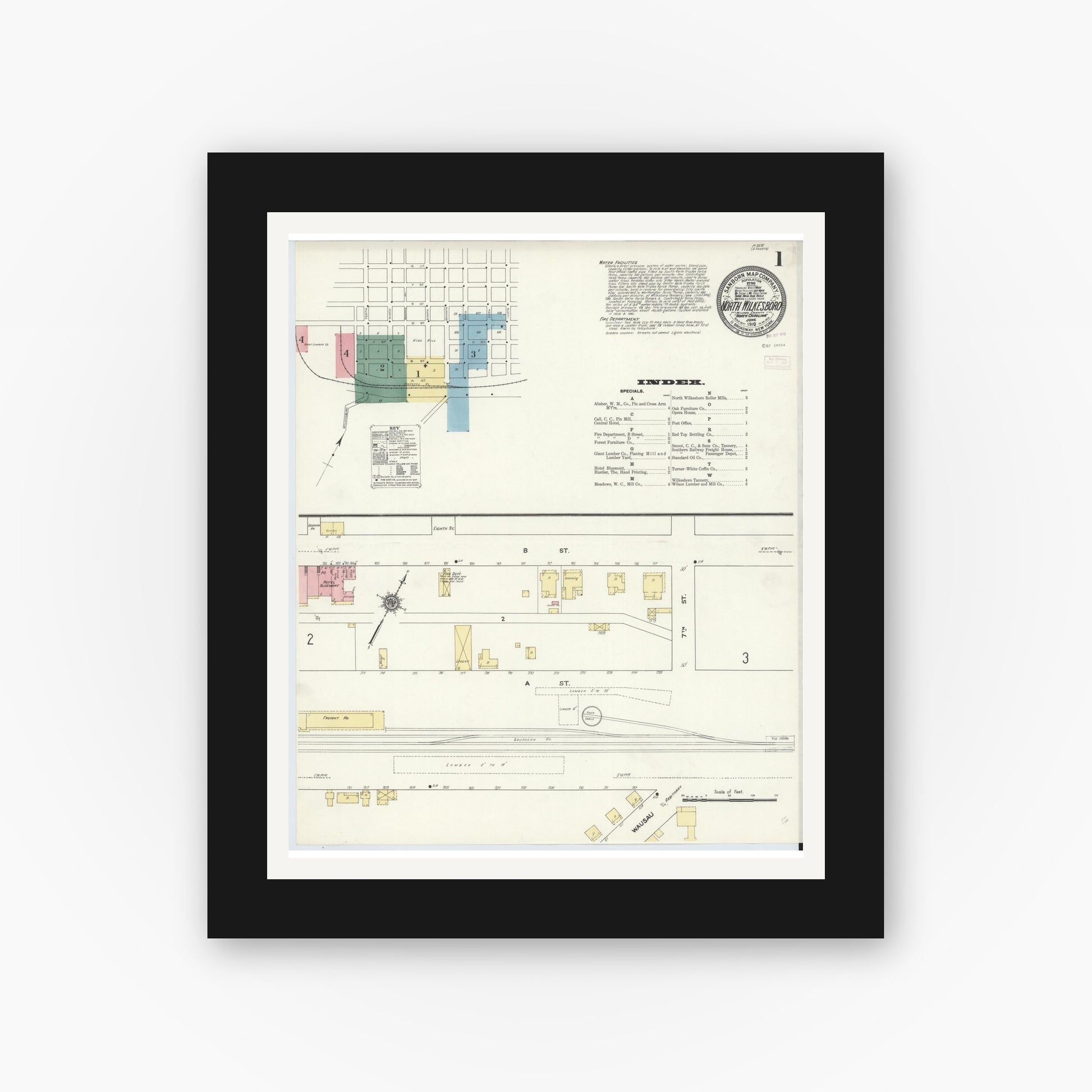 Old map wall art mockup — black gallery frame with white mat — Sanborn Fire Insurance Map from North Wilkesboro, Wilkes County, North Carolina (1910), Sheet #0001