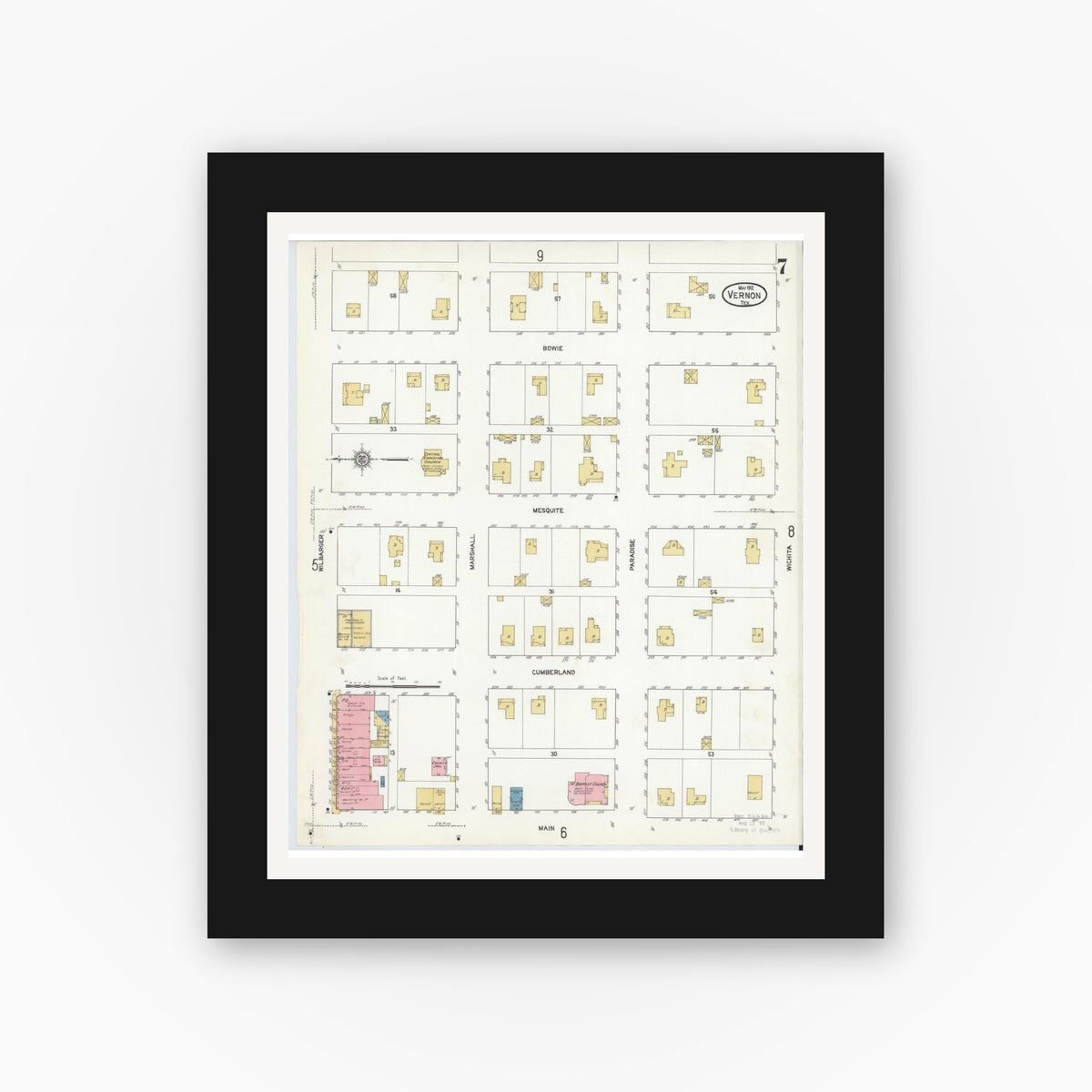 Old map wall art mockup — black gallery frame with white mat — Sanborn Fire Insurance Map from Vernon, Wilbarger County, Texas (1912), Sheet #0007