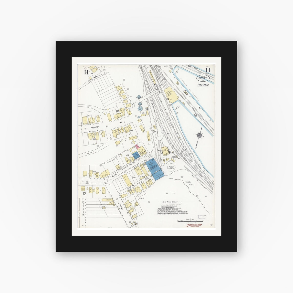 Old map wall art mockup — black gallery frame with white mat — Sanborn Fire Insurance Map from Crockett, Contra Costa County, California (1924), Sheet #0011