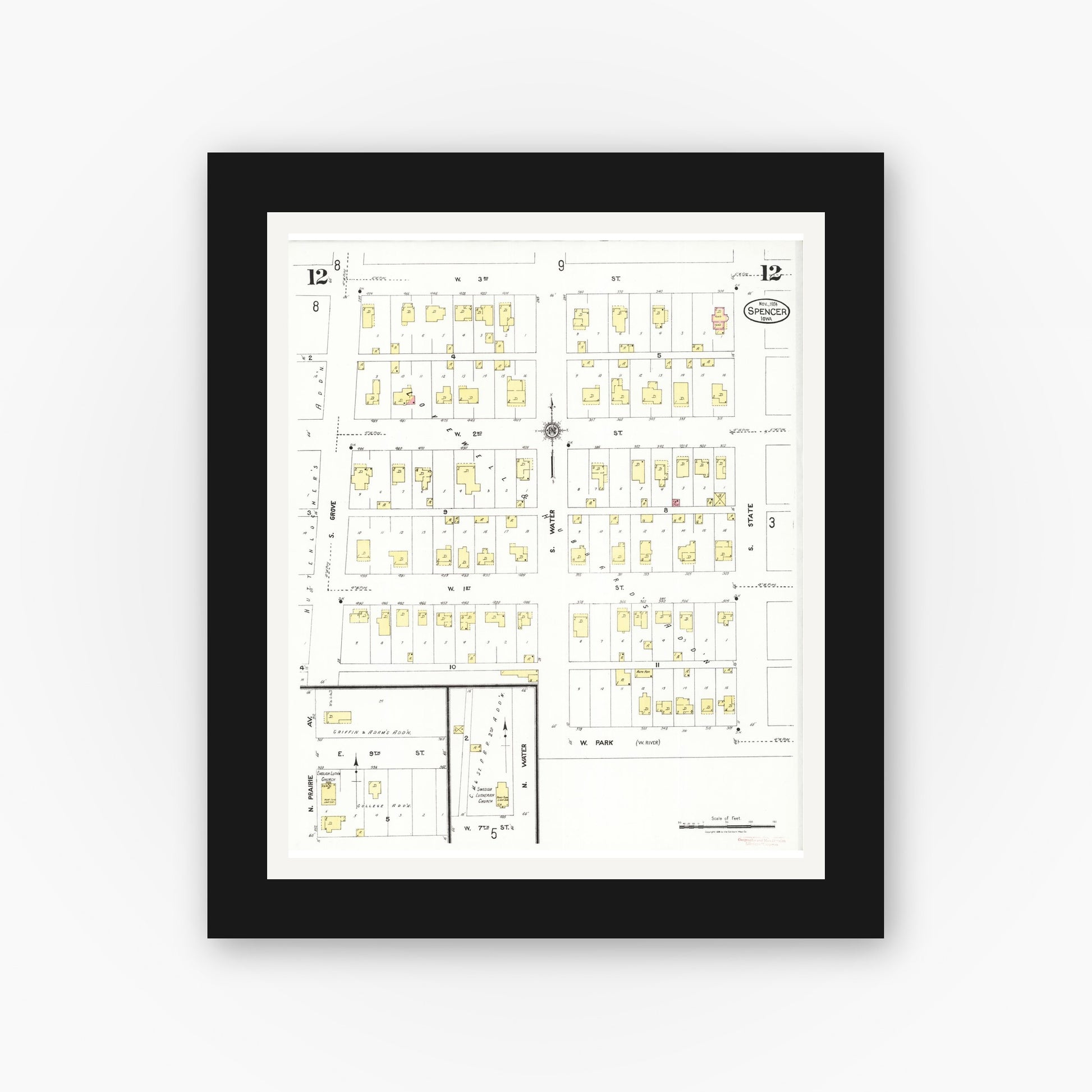Old map wall art mockup — black gallery frame with white mat — Sanborn Fire Insurance Map from Spencer, Clay County, Iowa (1924), Sheet #0012
