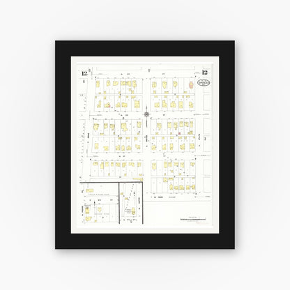 Old map wall art mockup — black gallery frame with white mat — Sanborn Fire Insurance Map from Spencer, Clay County, Iowa (1924), Sheet #0012