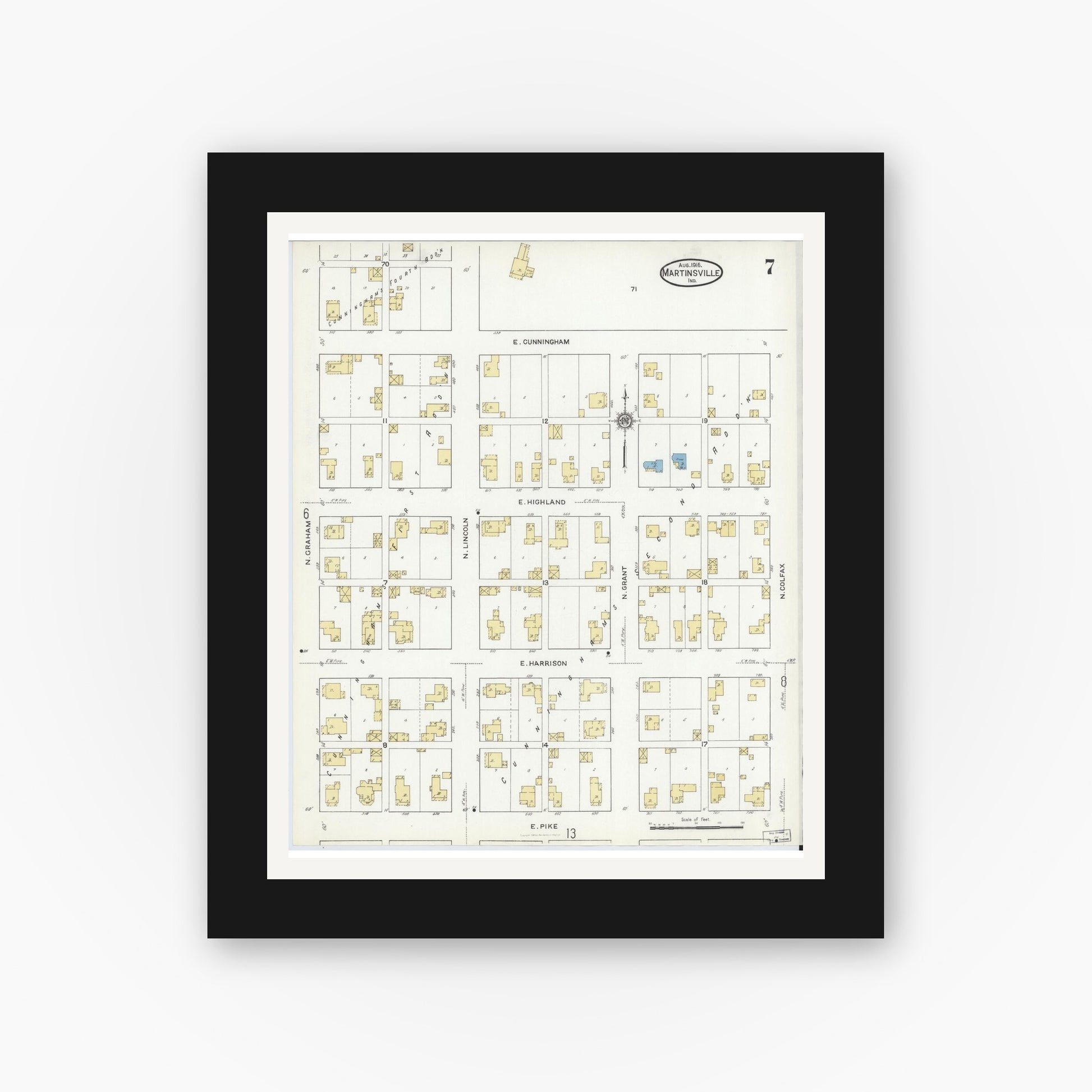 Old map wall art mockup — black gallery frame with white mat — Sanborn Fire Insurance Map from Martinsville, Morgan County, Indiana (1916), Sheet #0007