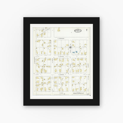 Old map wall art mockup — black gallery frame with white mat — Sanborn Fire Insurance Map from Martinsville, Morgan County, Indiana (1916), Sheet #0007