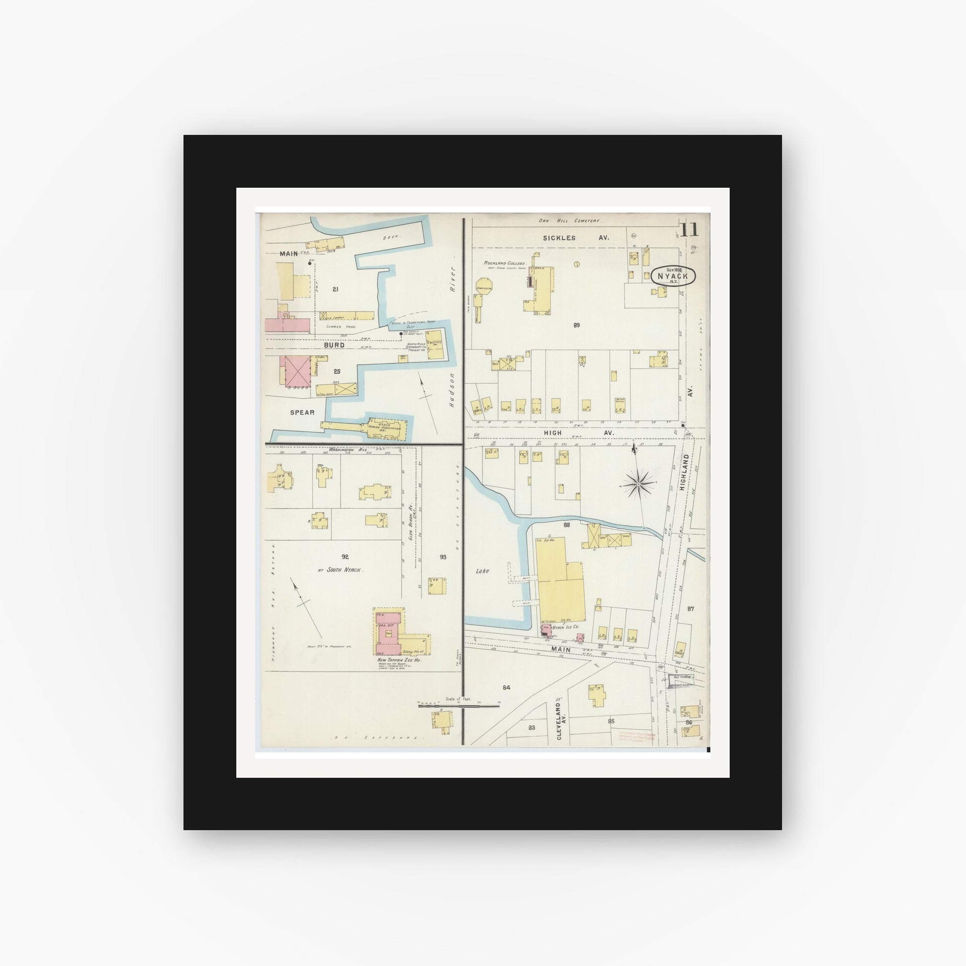 Old map wall art mockup — black gallery frame with white mat — Sanborn Fire Insurance Map from Nyack, Rockland County, New York. (1896), Sheet #0011
