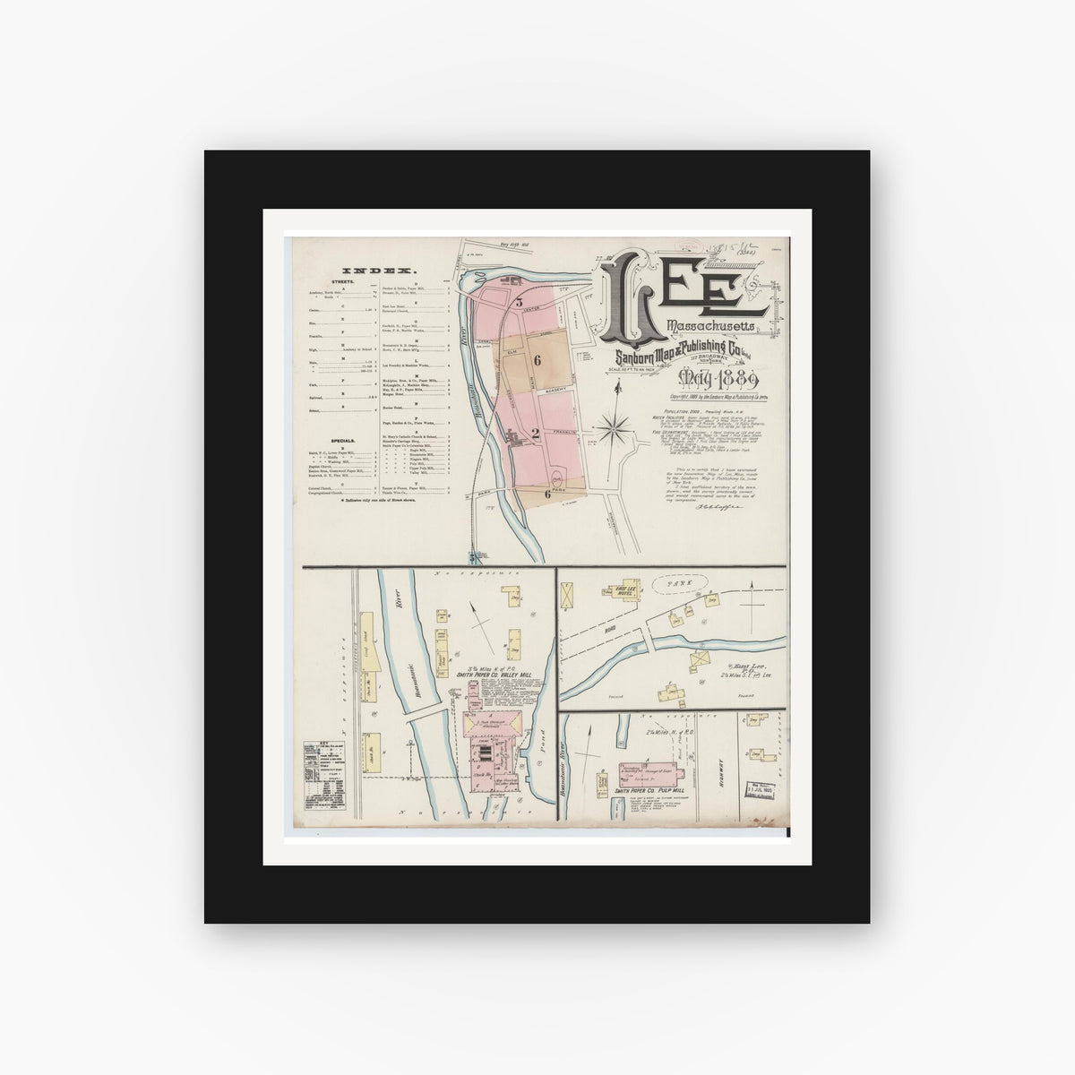 Old map wall art mockup — black gallery frame with white mat — Sanborn Fire Insurance Map from Lee, Berkshire County, Massachusetts (1889), Sheet #0001