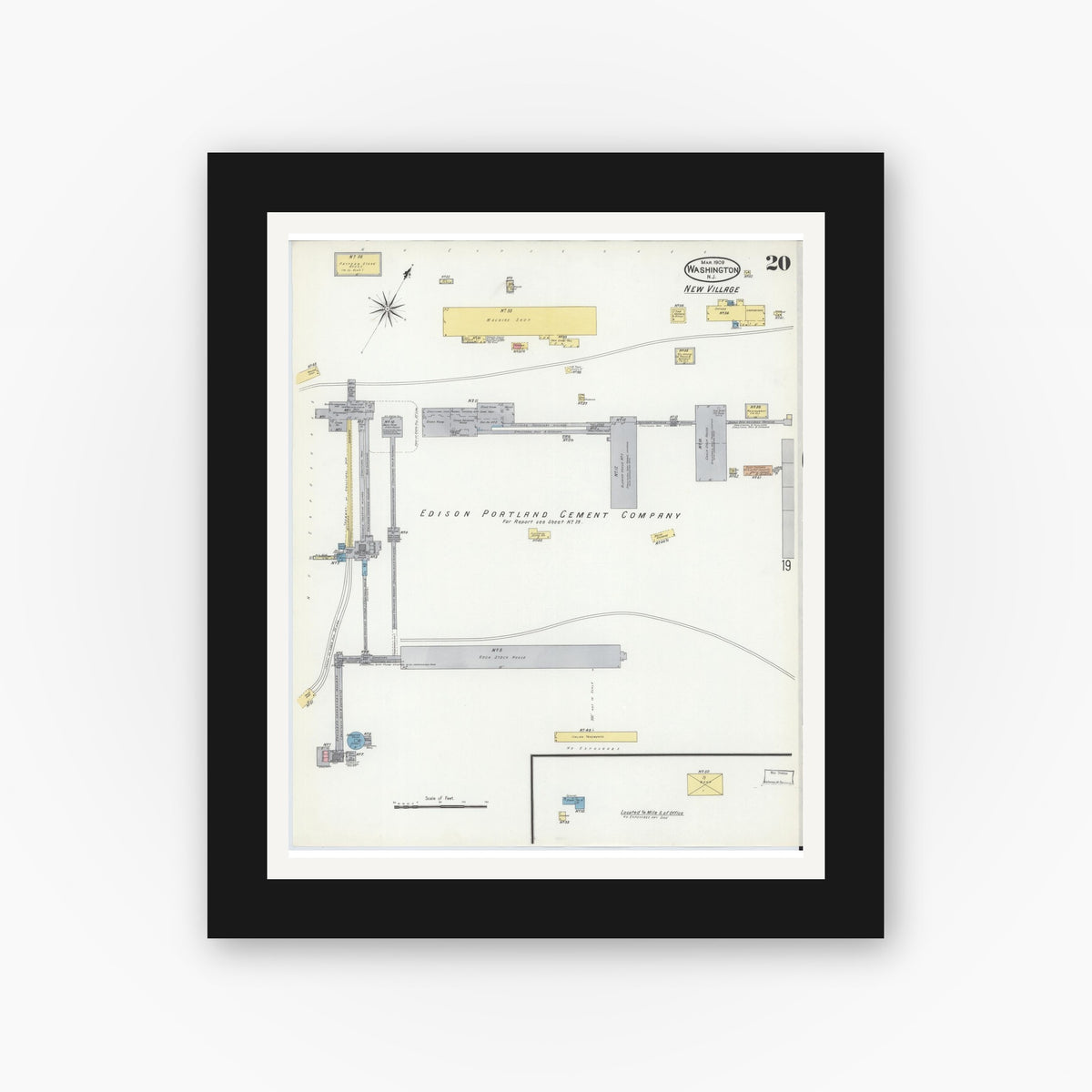 Old map wall art mockup — black gallery frame with white mat — Sanborn Fire Insurance Map from Washington, Warren County, New Jersey (1909), Sheet #0020