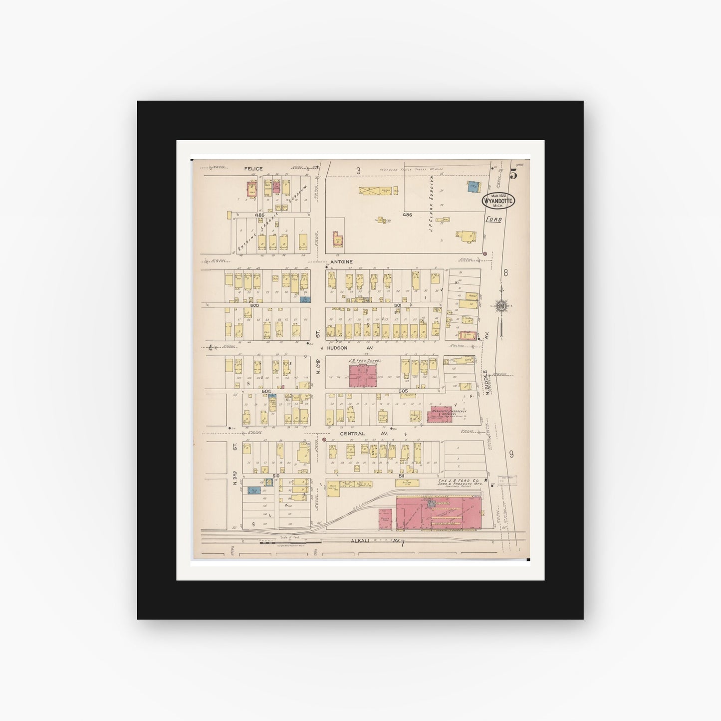 Old map wall art mockup — black gallery frame with white mat — Sanborn Fire Insurance Map from Wyandotte, Wayne County, Michigan (1922), Sheet #0005