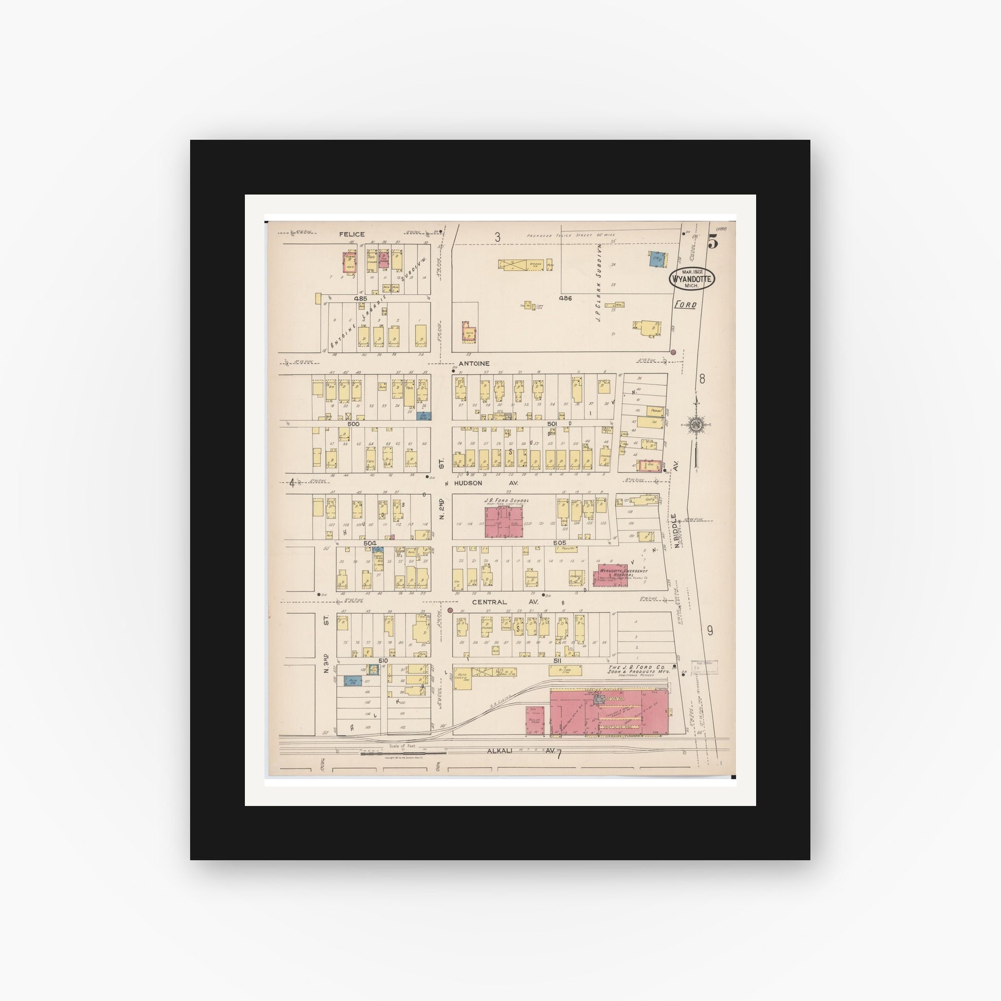 Old map wall art mockup — black gallery frame with white mat — Sanborn Fire Insurance Map from Wyandotte, Wayne County, Michigan (1922), Sheet #0005