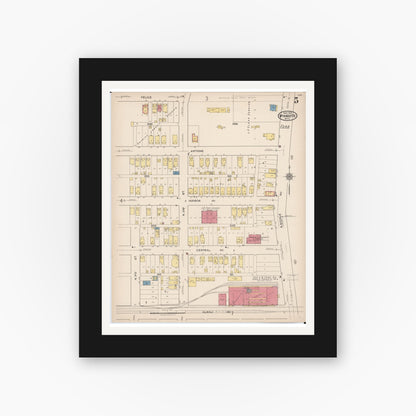 Old map wall art mockup — black gallery frame with white mat — Sanborn Fire Insurance Map from Wyandotte, Wayne County, Michigan (1922), Sheet #0005