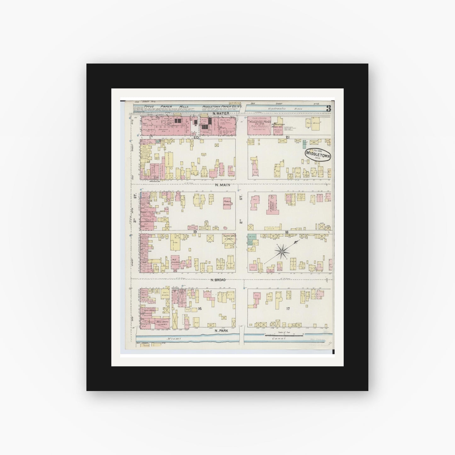 Old map wall art mockup — black gallery frame with white mat — Sanborn Fire Insurance Map from Middletown, Butler County, Ohio (1890), Sheet #0003