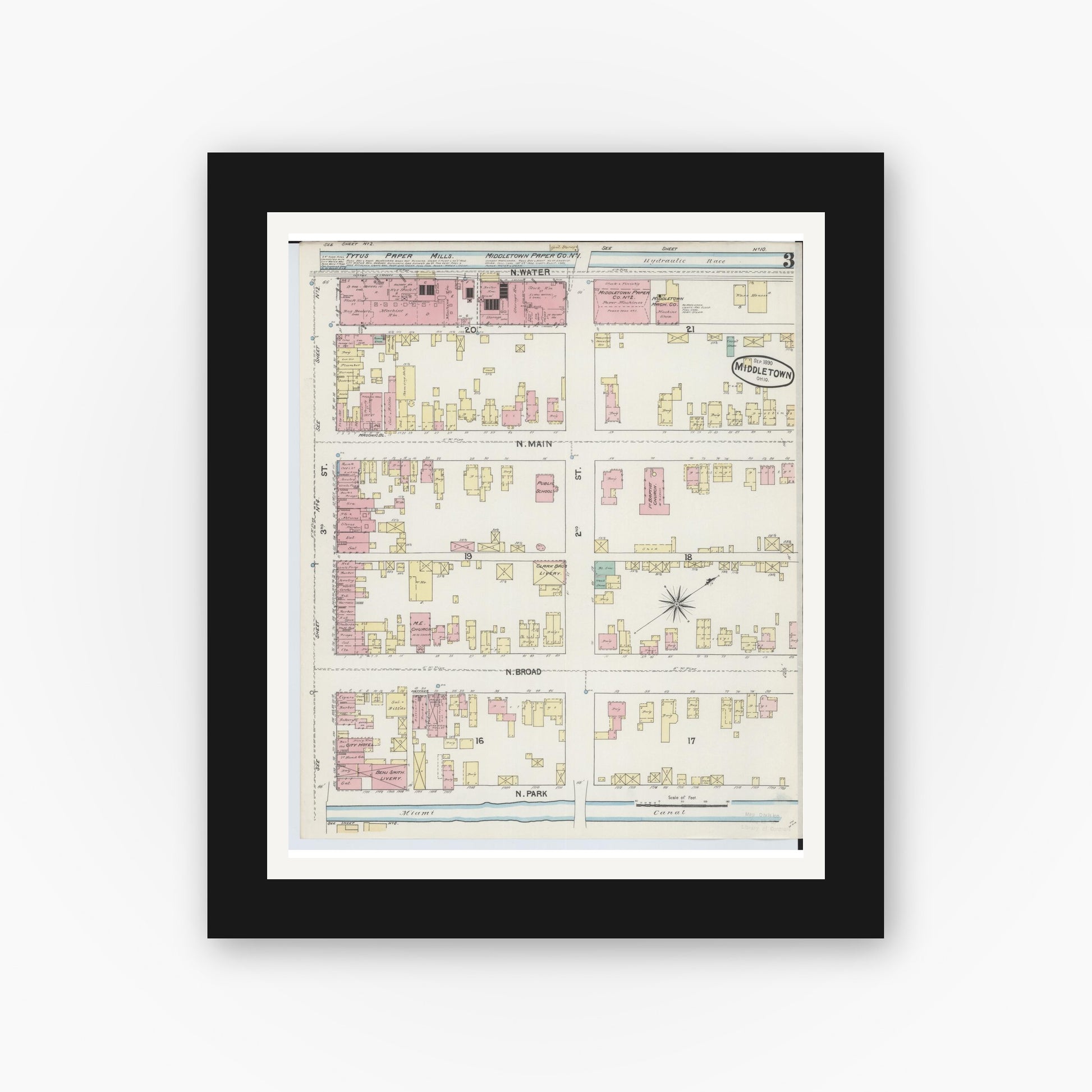 Old map wall art mockup — black gallery frame with white mat — Sanborn Fire Insurance Map from Middletown, Butler County, Ohio (1890), Sheet #0003