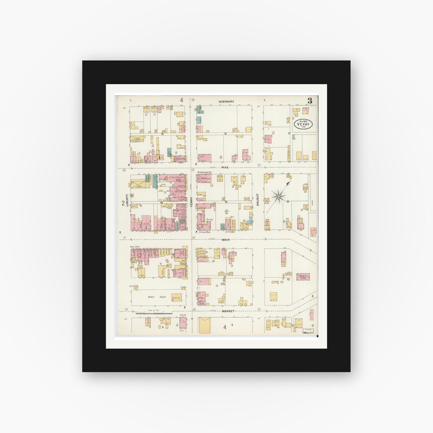 Old map wall art mockup — black gallery frame with white mat — Sanborn Fire Insurance Map from Vevay, Switzerland County, Indiana (1899), Sheet #0003