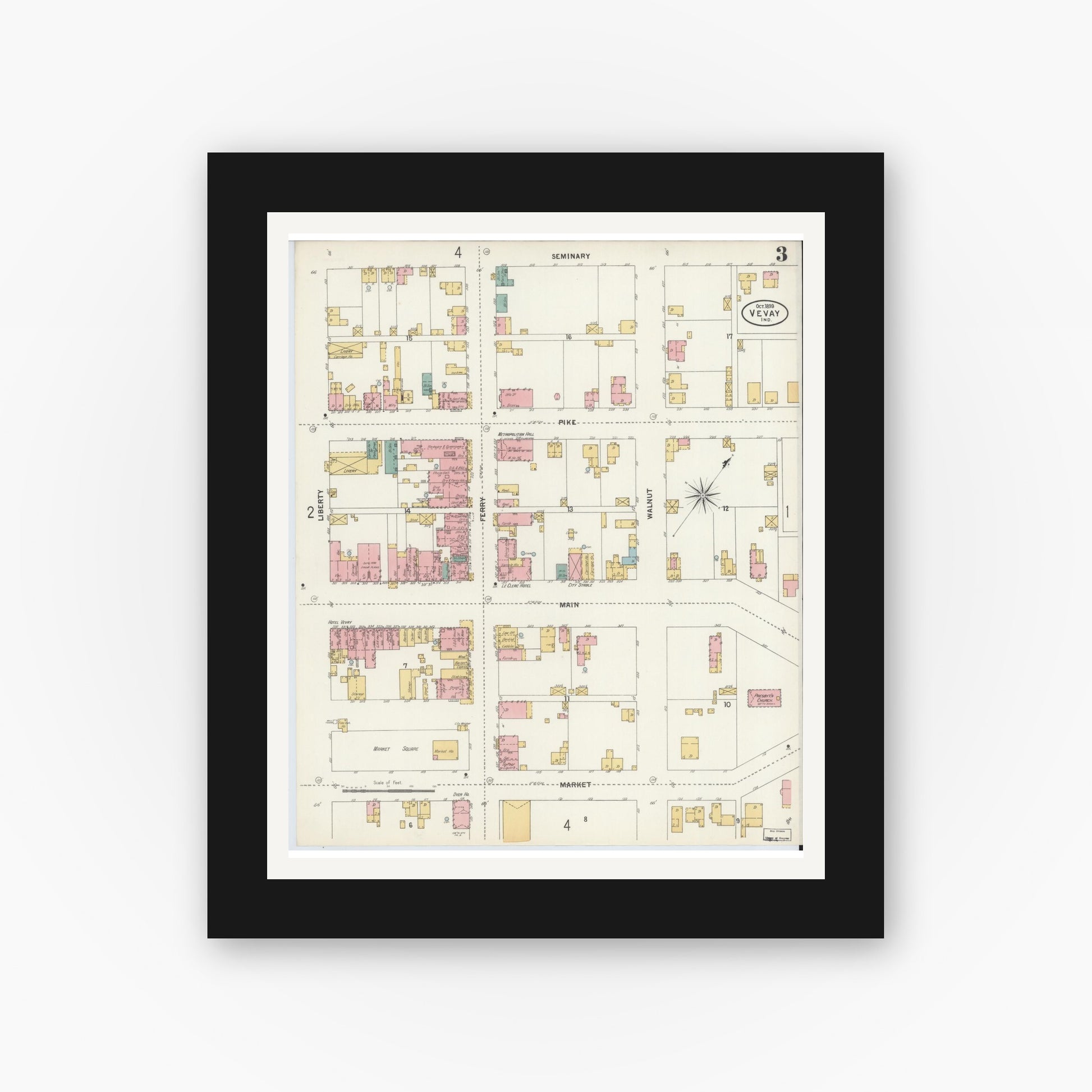 Old map wall art mockup — black gallery frame with white mat — Sanborn Fire Insurance Map from Vevay, Switzerland County, Indiana (1899), Sheet #0003