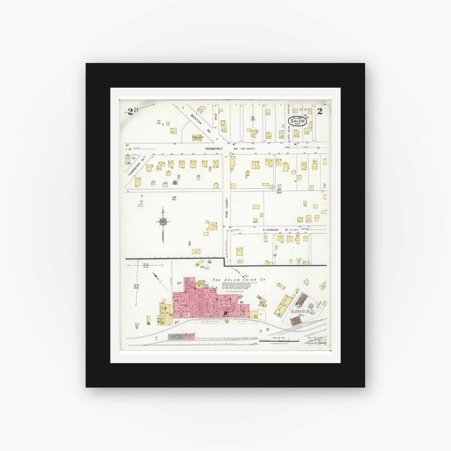 Old map wall art mockup — black gallery frame with white mat — Sanborn Fire Insurance Map from Salem, Columbiana County, Ohio (1926), Sheet #0002