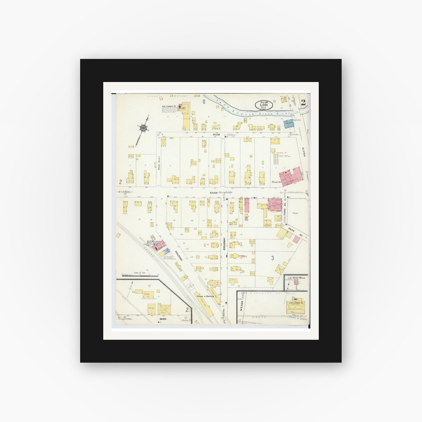 Old map wall art mockup — black gallery frame with white mat — Sanborn Fire Insurance Map from Lodi, Medina County, Ohio (1912), Sheet #0002