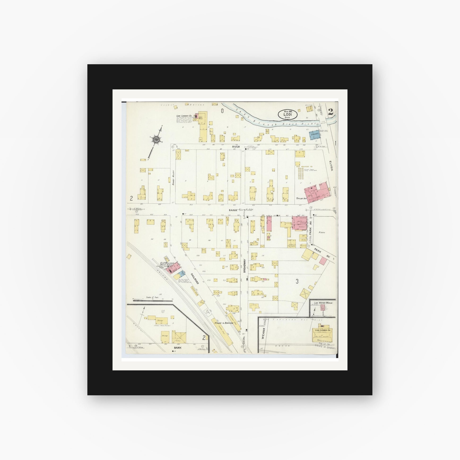 Old map wall art mockup — black gallery frame with white mat — Sanborn Fire Insurance Map from Lodi, Medina County, Ohio (1912), Sheet #0002