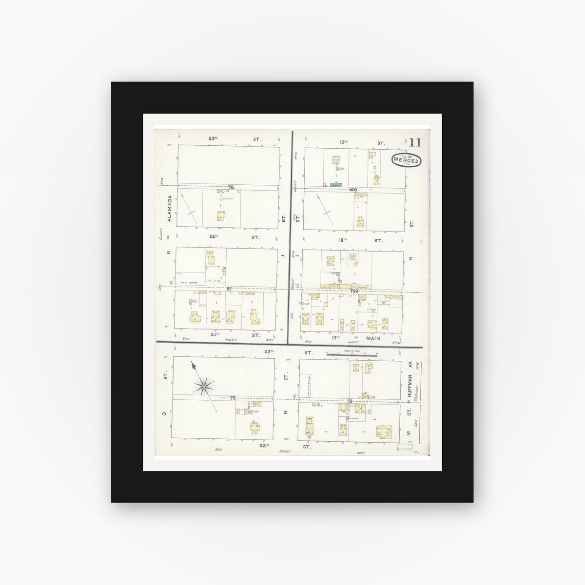 Old map wall art mockup — black gallery frame with white mat — Sanborn Fire Insurance Map from Merced, Merced County, California (1891), Sheet #0011