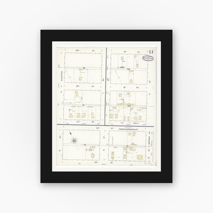 Old map wall art mockup — black gallery frame with white mat — Sanborn Fire Insurance Map from Merced, Merced County, California (1891), Sheet #0011