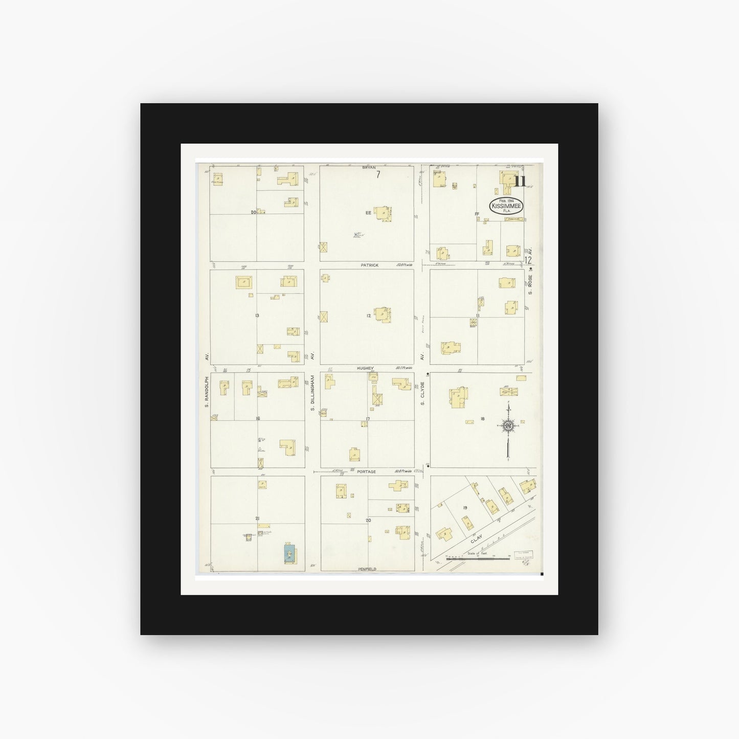 Old map wall art mockup — black gallery frame with white mat — Sanborn Fire Insurance Map from Kissimmee, Osceola County, Florida (1914), Sheet #0011