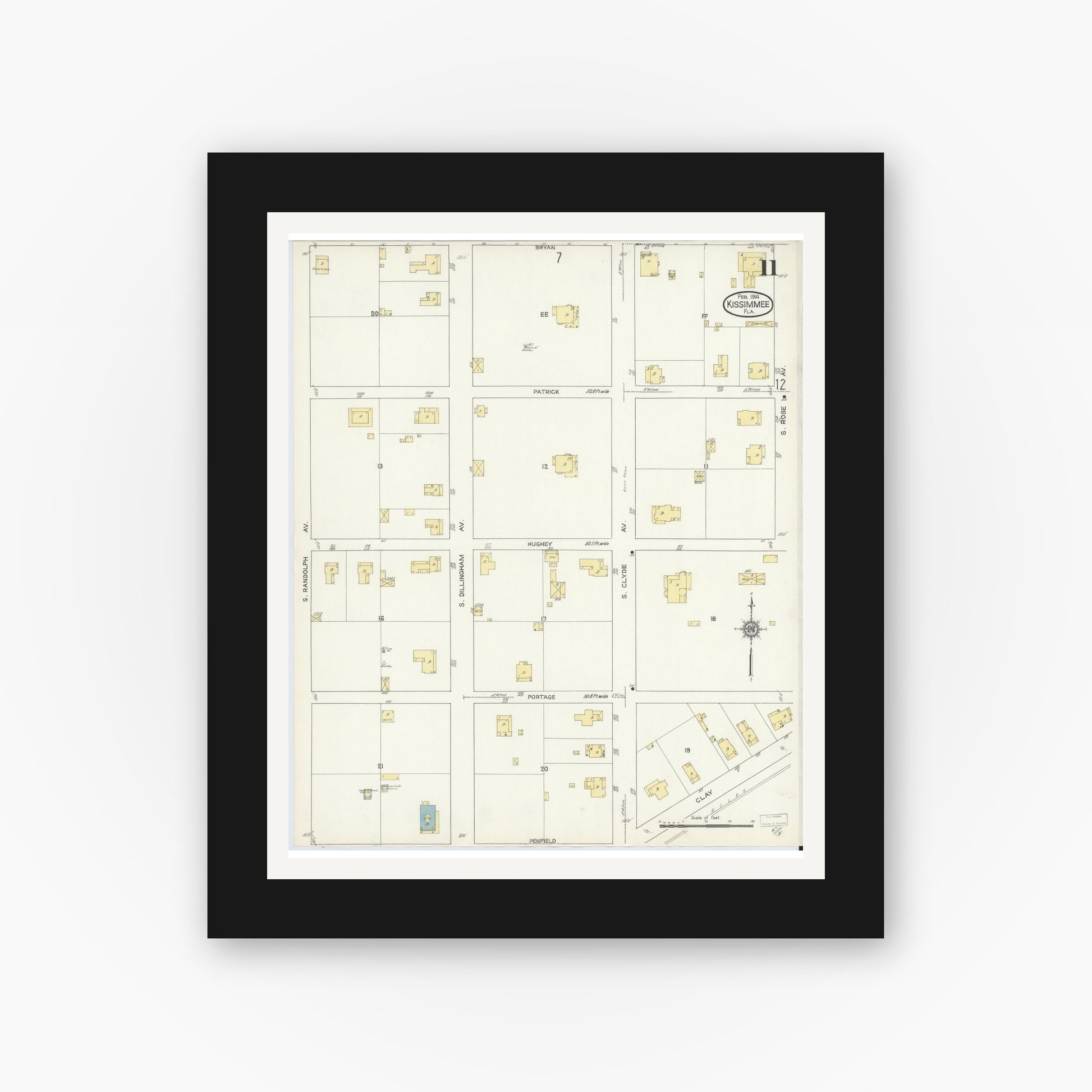 Old map wall art mockup — black gallery frame with white mat — Sanborn Fire Insurance Map from Kissimmee, Osceola County, Florida (1914), Sheet #0011