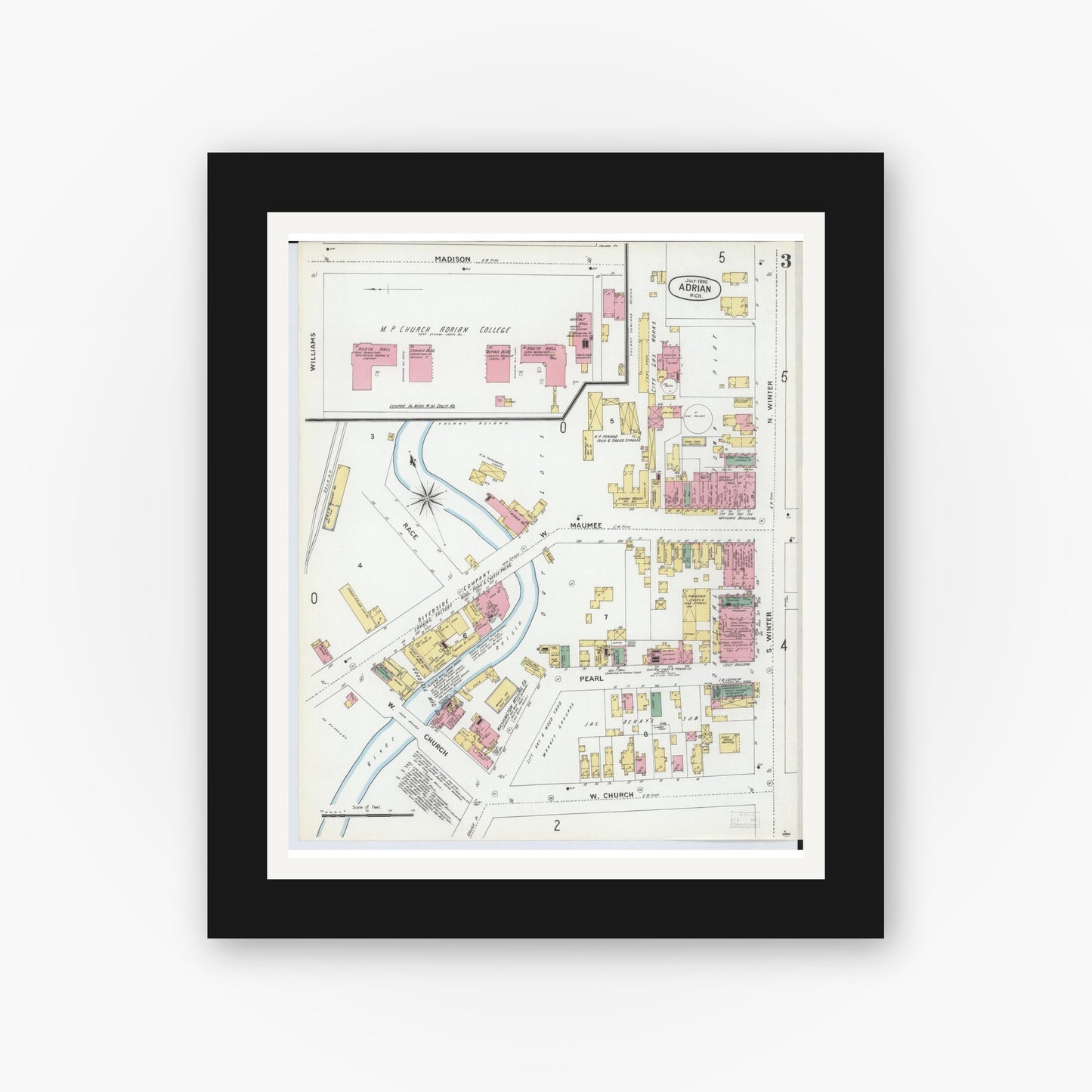 Old map wall art mockup — black gallery frame with white mat — Sanborn Fire Insurance Map from Adrian, Lenawee County, Michigan (1899), Sheet #0003