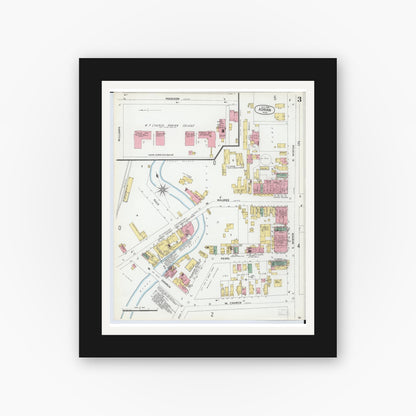 Old map wall art mockup — black gallery frame with white mat — Sanborn Fire Insurance Map from Adrian, Lenawee County, Michigan (1899), Sheet #0003