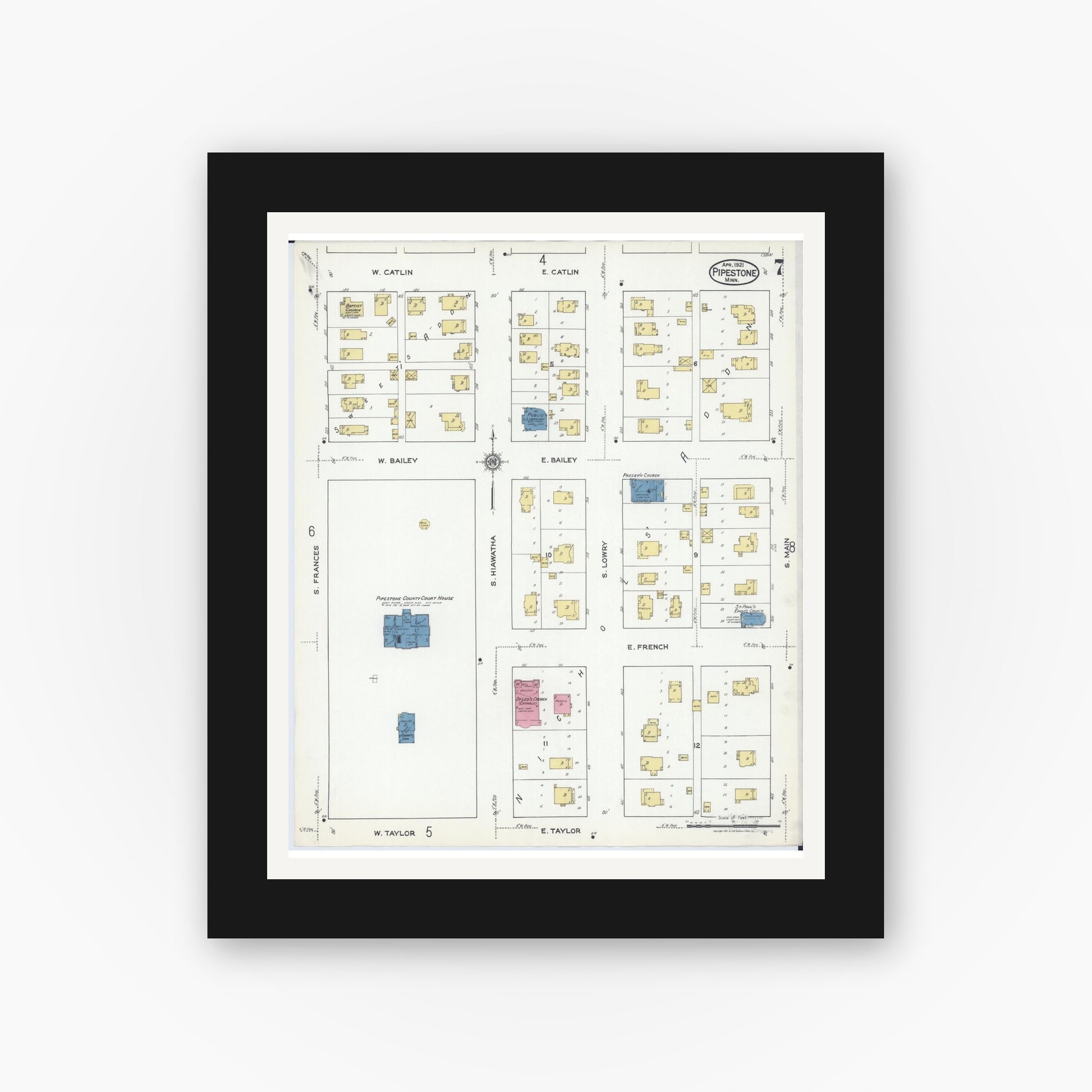 Old map wall art mockup — black gallery frame with white mat — Sanborn Fire Insurance Map from Pipestone, Pipestone County, Minnesota (1921), Sheet #0007