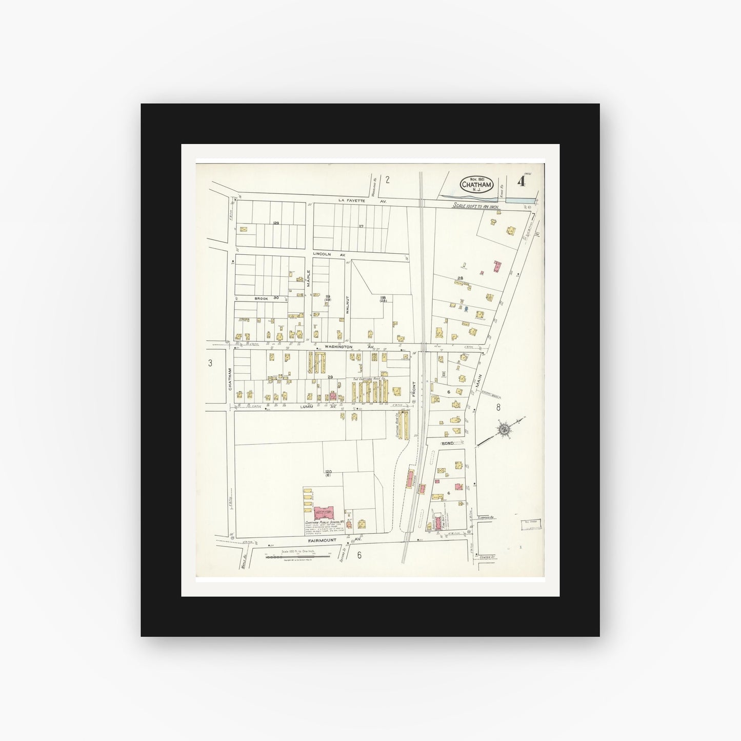 Old map wall art mockup — black gallery frame with white mat — Sanborn Fire Insurance Map from Chatham, Morris County, New Jersey (1921), Sheet #0004