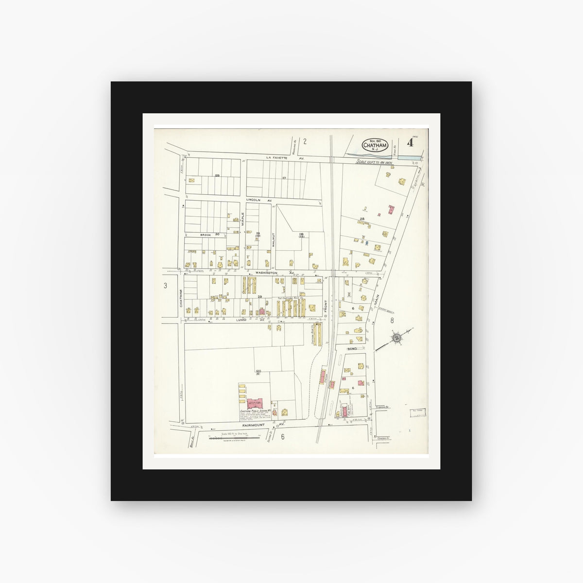 Old map wall art mockup — black gallery frame with white mat — Sanborn Fire Insurance Map from Chatham, Morris County, New Jersey (1921), Sheet #0004