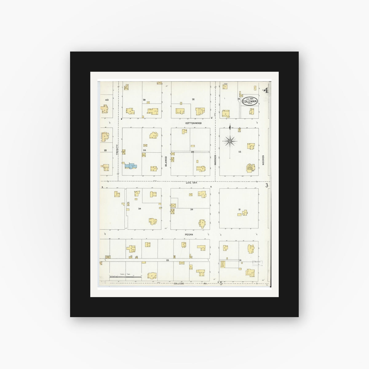 Old map wall art mockup — black gallery frame with white mat — Sanborn Fire Insurance Map from Coleman, Coleman County, Texas (1904), Sheet #0004