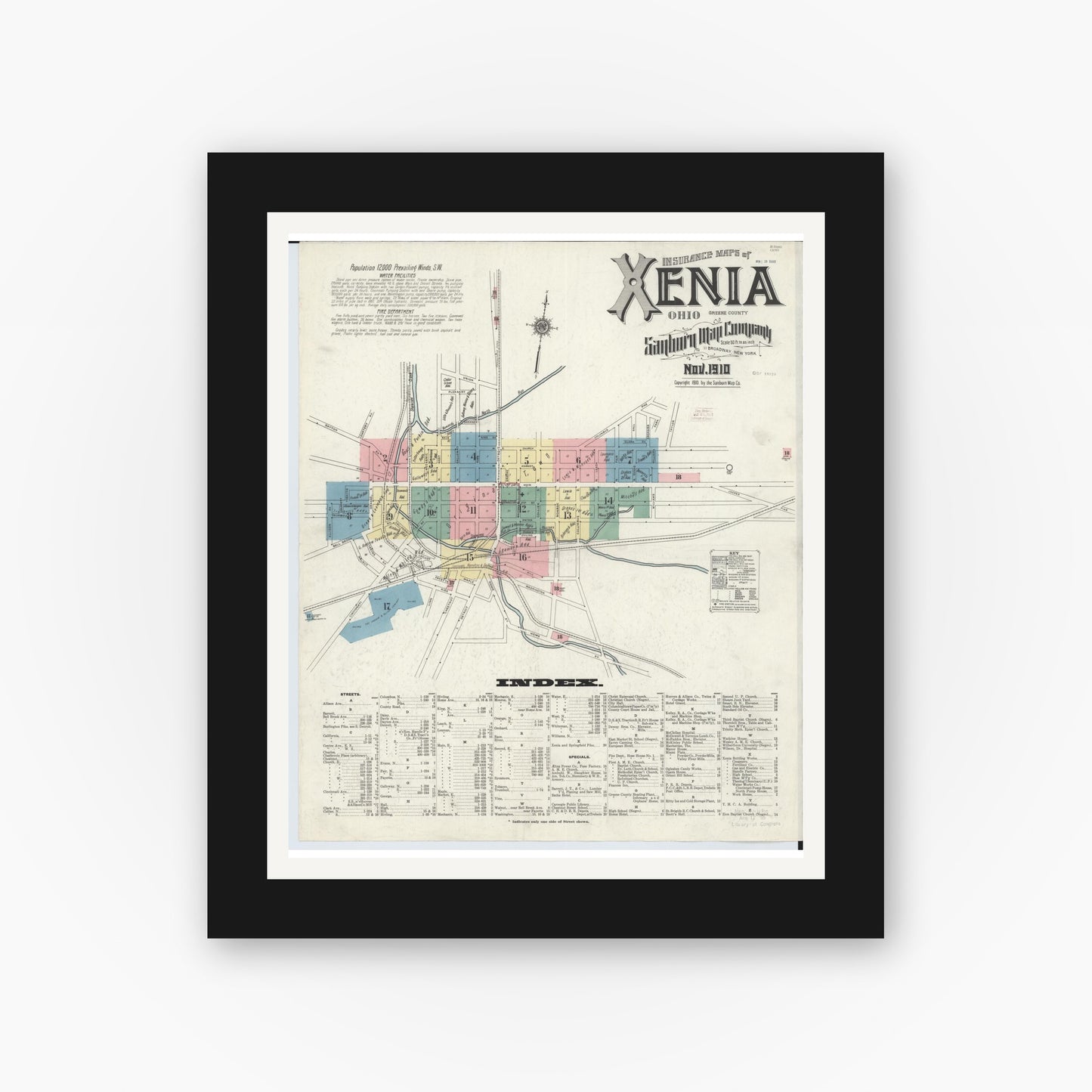 Old map wall art mockup — black gallery frame with white mat — Sanborn Fire Insurance Map from Xenia, Greene County, Ohio (1910), Sheet #0001