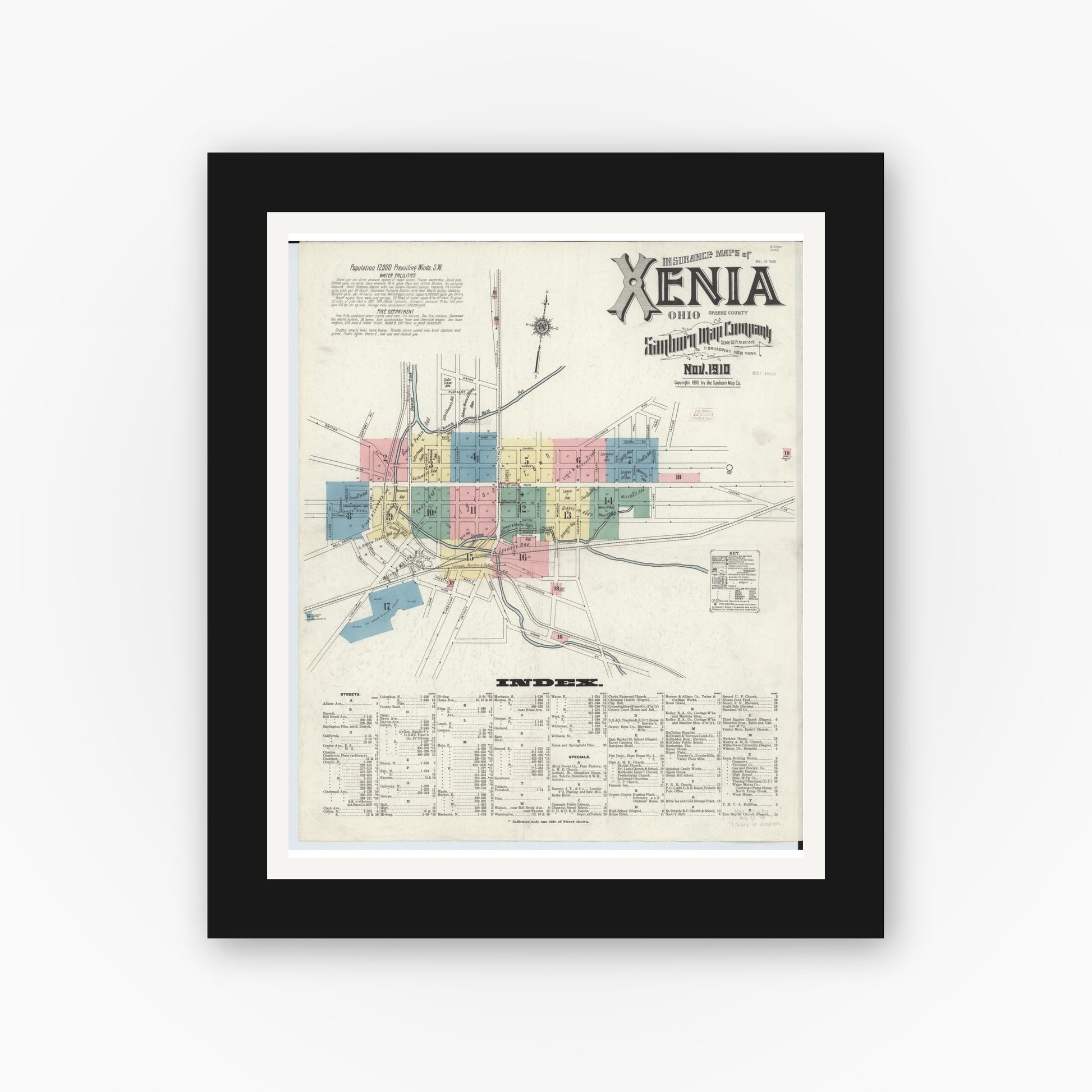 Old map wall art mockup — black gallery frame with white mat — Sanborn Fire Insurance Map from Xenia, Greene County, Ohio (1910), Sheet #0001
