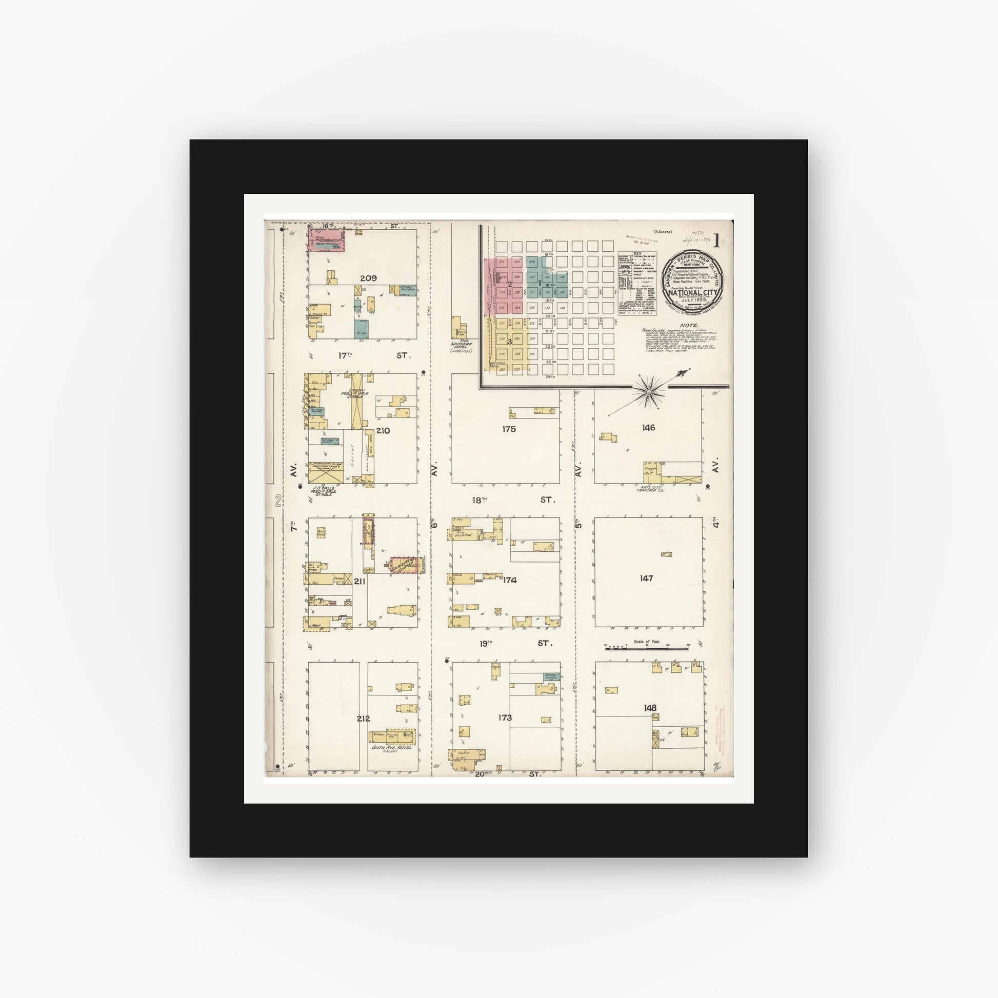 Old map wall art mockup — black gallery frame with white mat — Sanborn Fire Insurance Map from National City, San Diego County, California (1893), Sheet #0001