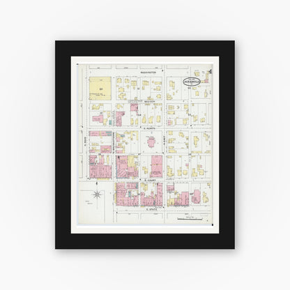 Old map wall art mockup — black gallery frame with white mat — Sanborn Fire Insurance Map from Jacksonville, Morgan County, Illinois (1892), Sheet #0004