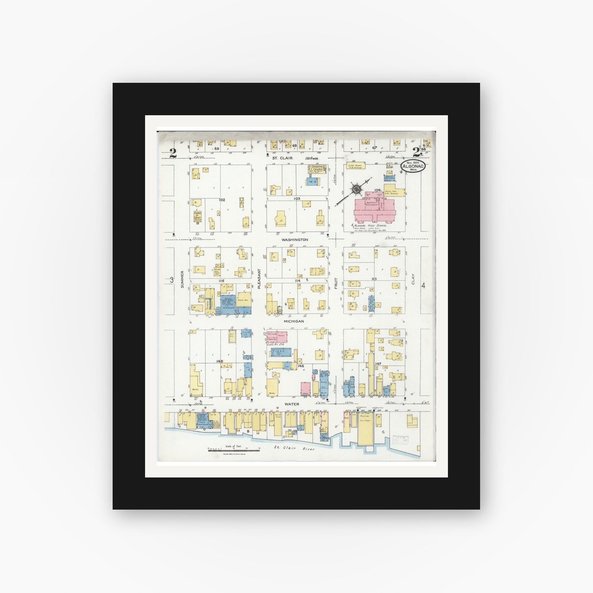 Old map wall art mockup — black gallery frame with white mat — Sanborn Fire Insurance Map from Algonac, Saint Clair County, Michigan (1924), Sheet #0002
