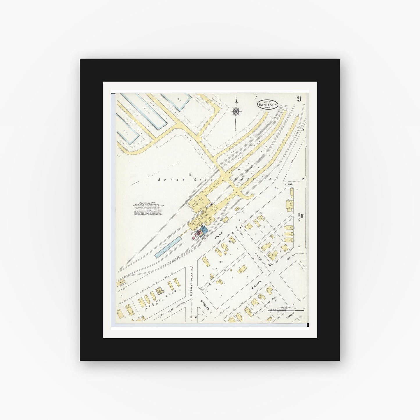 Old map wall art mockup — black gallery frame with white mat — Sanborn Fire Insurance Map from Boyne City, Charlevoix County, Michigan (1911), Sheet #0009