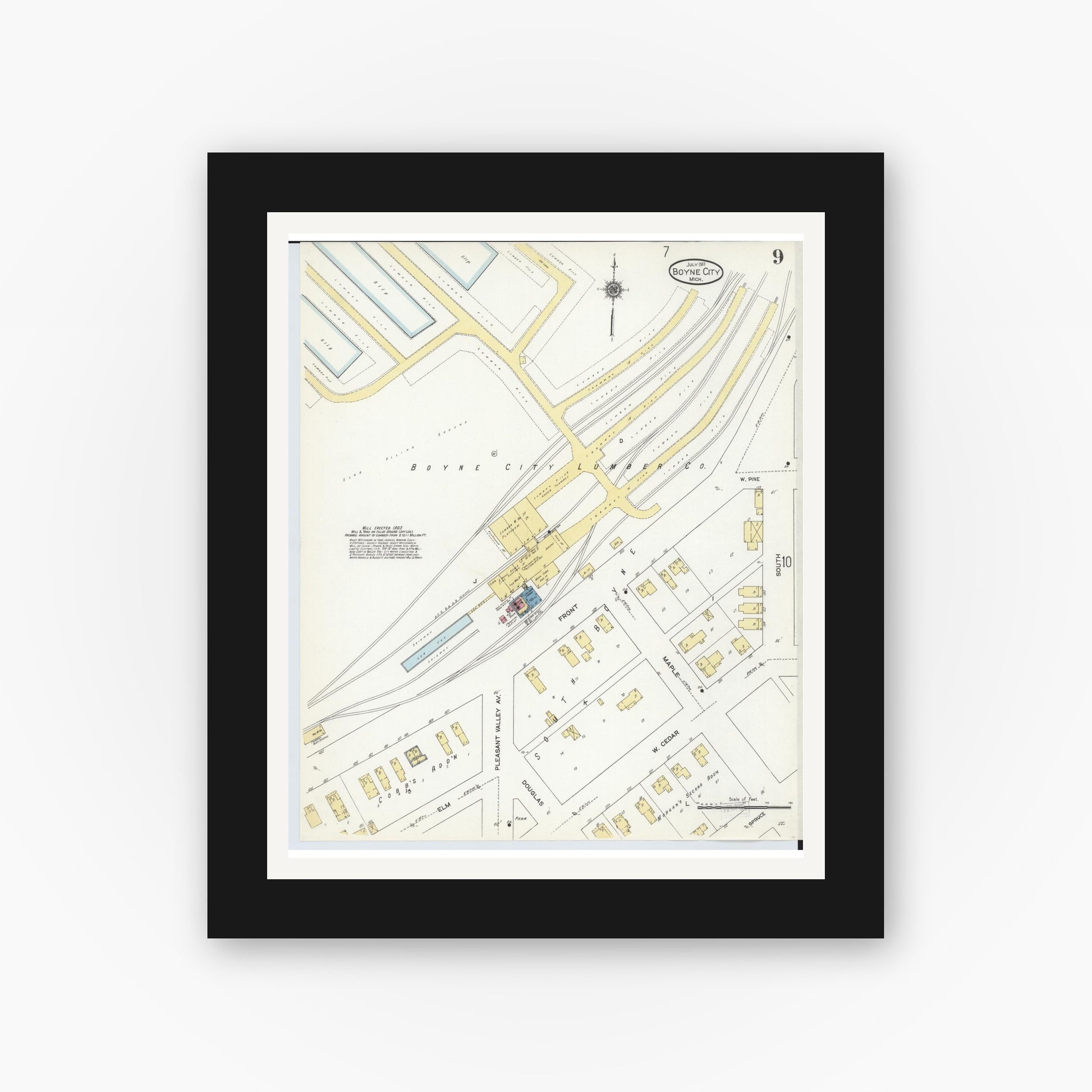 Old map wall art mockup — black gallery frame with white mat — Sanborn Fire Insurance Map from Boyne City, Charlevoix County, Michigan (1911), Sheet #0009