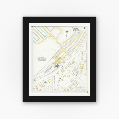 Old map wall art mockup — black gallery frame with white mat — Sanborn Fire Insurance Map from Boyne City, Charlevoix County, Michigan (1911), Sheet #0009