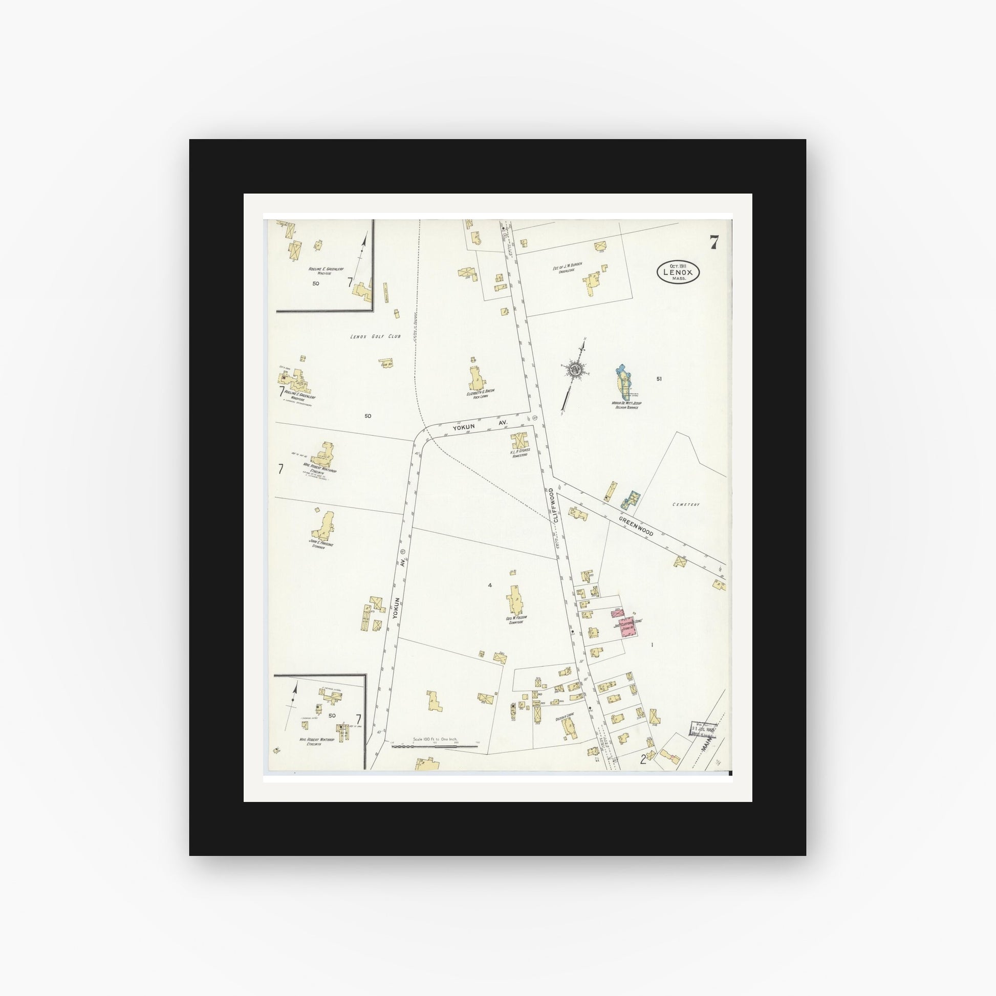 Old map wall art mockup — black gallery frame with white mat — Sanborn Fire Insurance Map from Lenox, Berkshire County, Massachusetts (1911), Sheet #0007