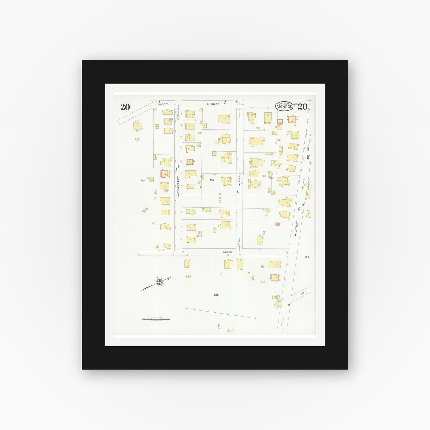 Old map wall art mockup — black gallery frame with white mat — Sanborn Fire Insurance Map from Monroe, Union County, North Carolina (1930), Sheet #0020