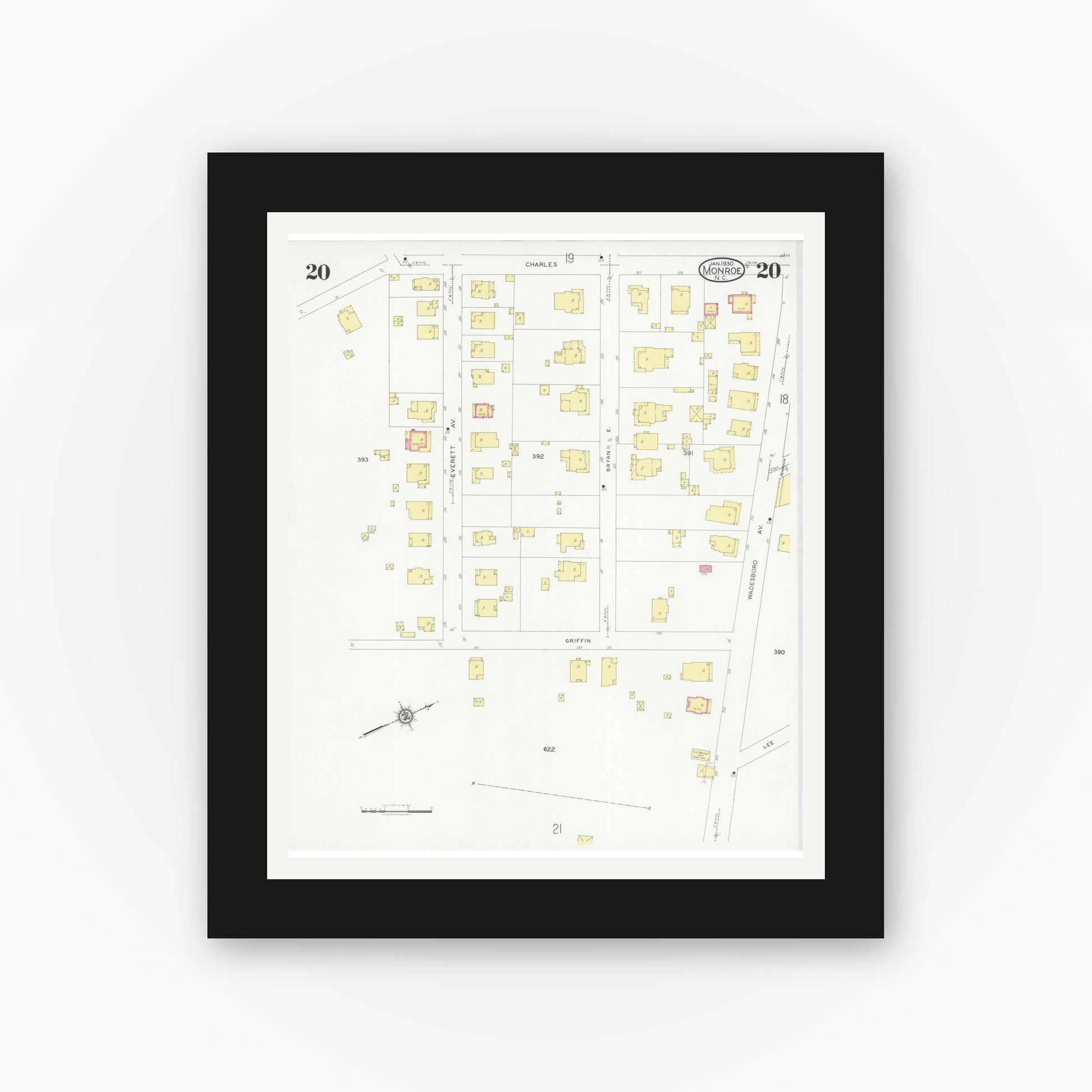 Old map wall art mockup — black gallery frame with white mat — Sanborn Fire Insurance Map from Monroe, Union County, North Carolina (1930), Sheet #0020