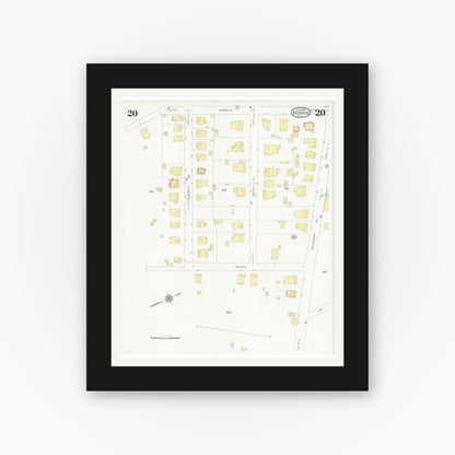 Old map wall art mockup — black gallery frame with white mat — Sanborn Fire Insurance Map from Monroe, Union County, North Carolina (1930), Sheet #0020