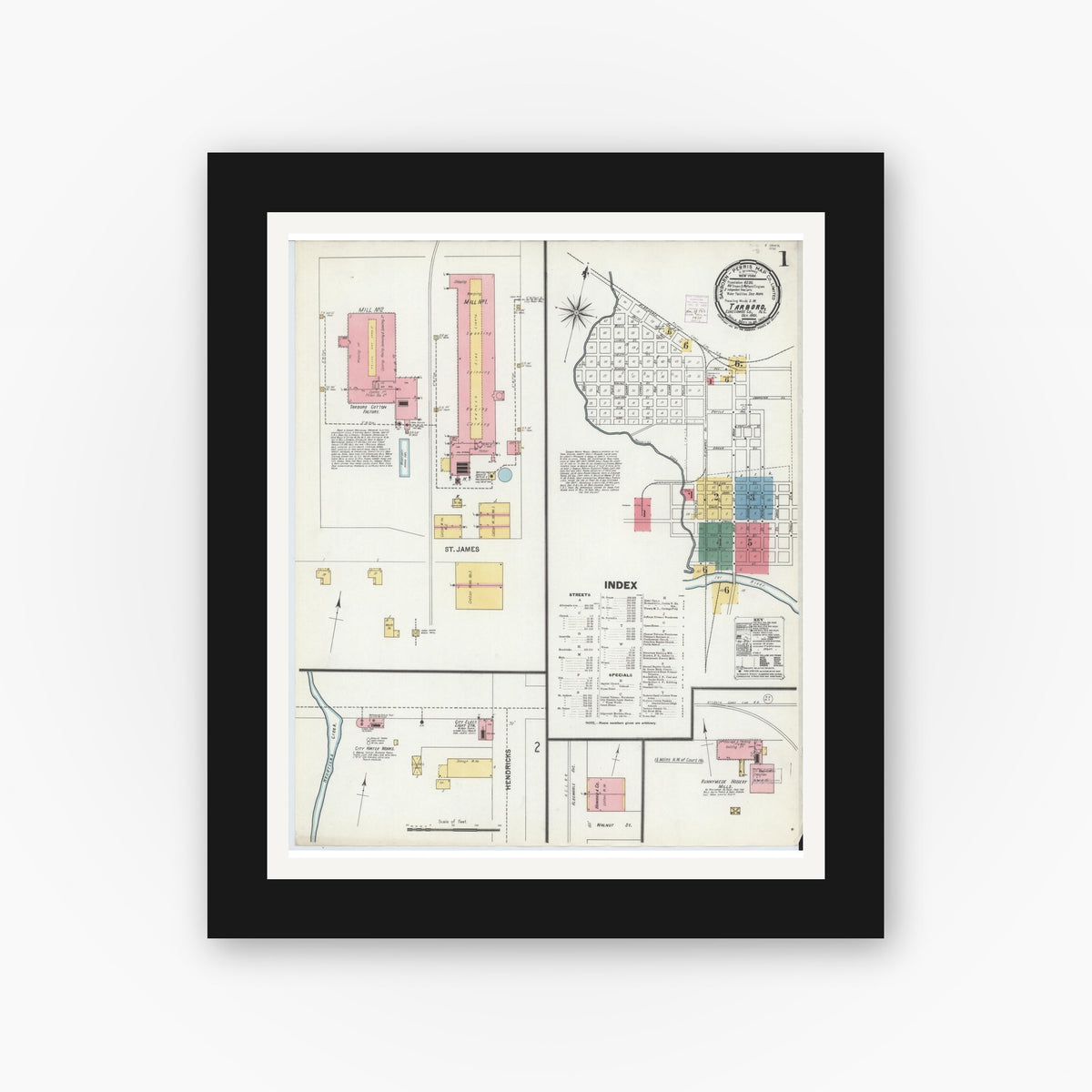 Old map wall art mockup — black gallery frame with white mat — Sanborn Fire Insurance Map from Tarboro, Edgecombe County, North Carolina (1901) - Complete Map Set