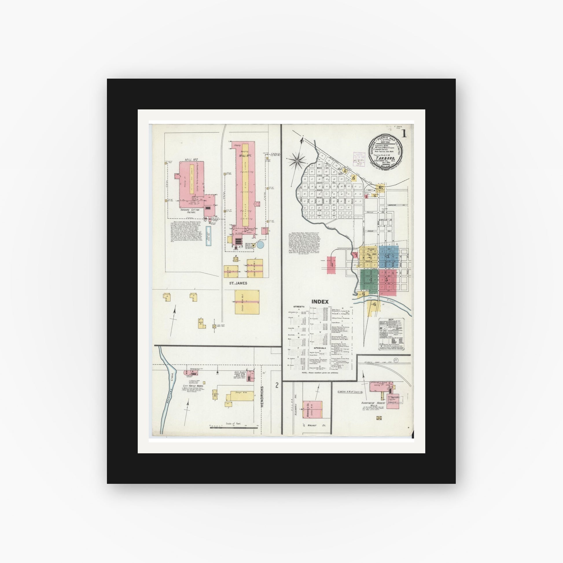 Old map wall art mockup — black gallery frame with white mat — Sanborn Fire Insurance Map from Tarboro, Edgecombe County, North Carolina (1901) - Complete Map Set