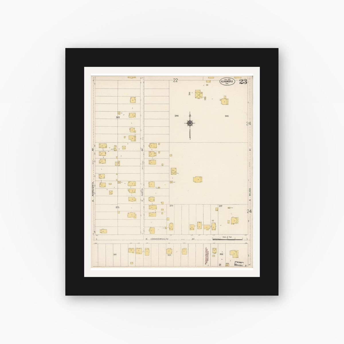 Old map wall art mockup — black gallery frame with white mat — Sanborn Fire Insurance Map from Alhambra, Los Angeles County, California (1912), Sheet #0023