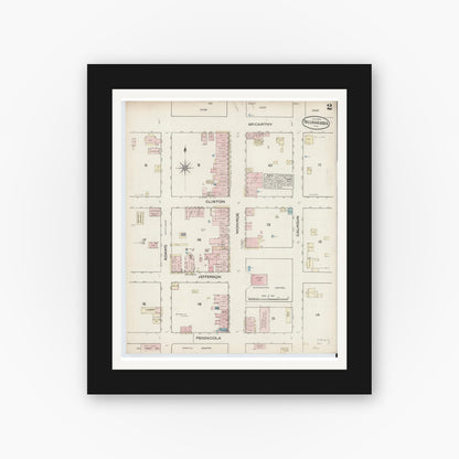 Old map wall art mockup — black gallery frame with white mat — Sanborn Fire Insurance Map from Tallahassee, Leon County, Florida (1884), Sheet #0002